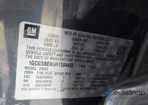 2017 Chevrolet Colorado Wt z USA, uszkodzony, nr VIN 1GCGSBEN9H1304426